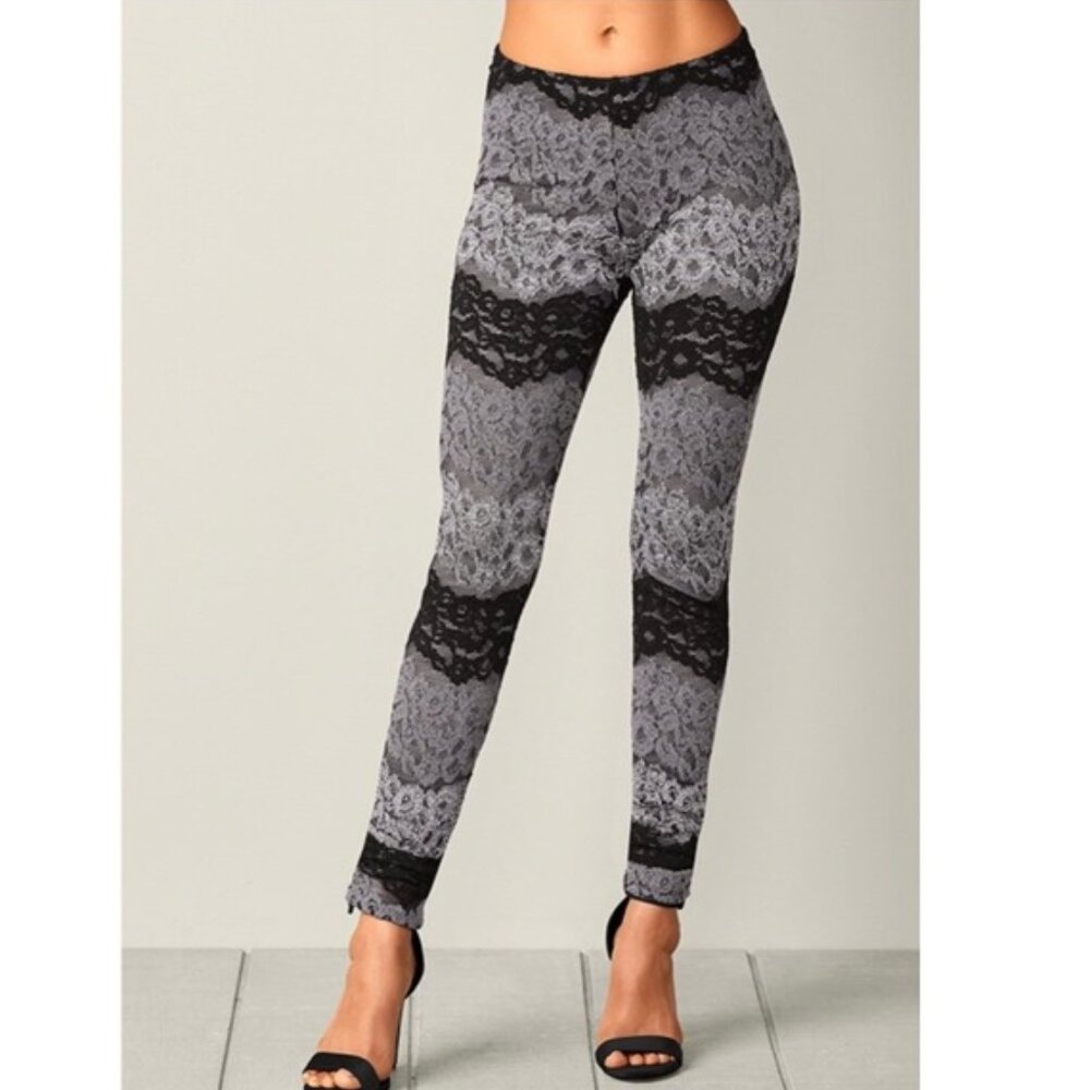 Venus Leggings L Women's Black Gray Floral Lace Lined Knit Pull On Ankle Pants